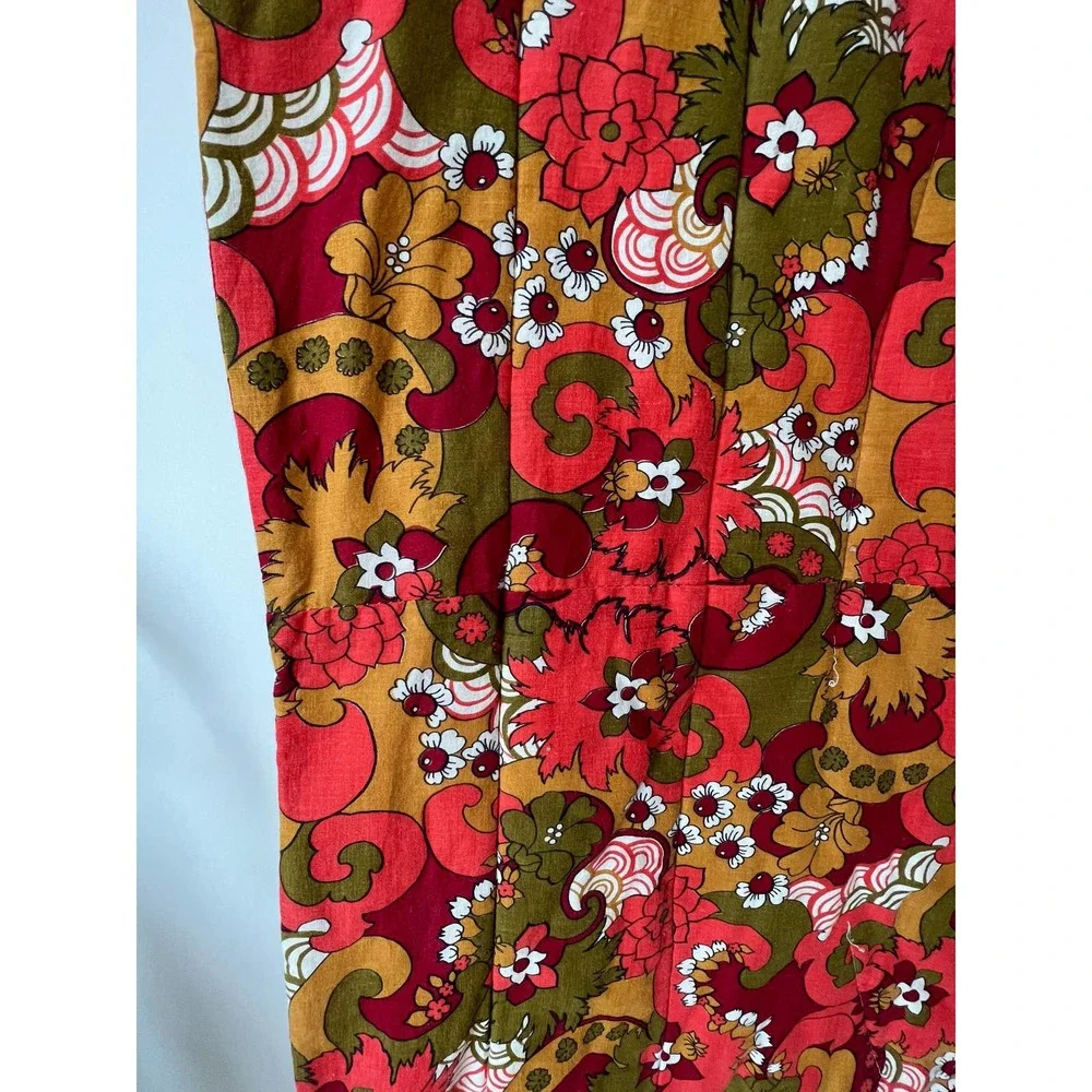 70s Red Orange Floral Bedspread Twin or Full Retro 70s Psychedelic Garden Cotton - Picture 4 of 8